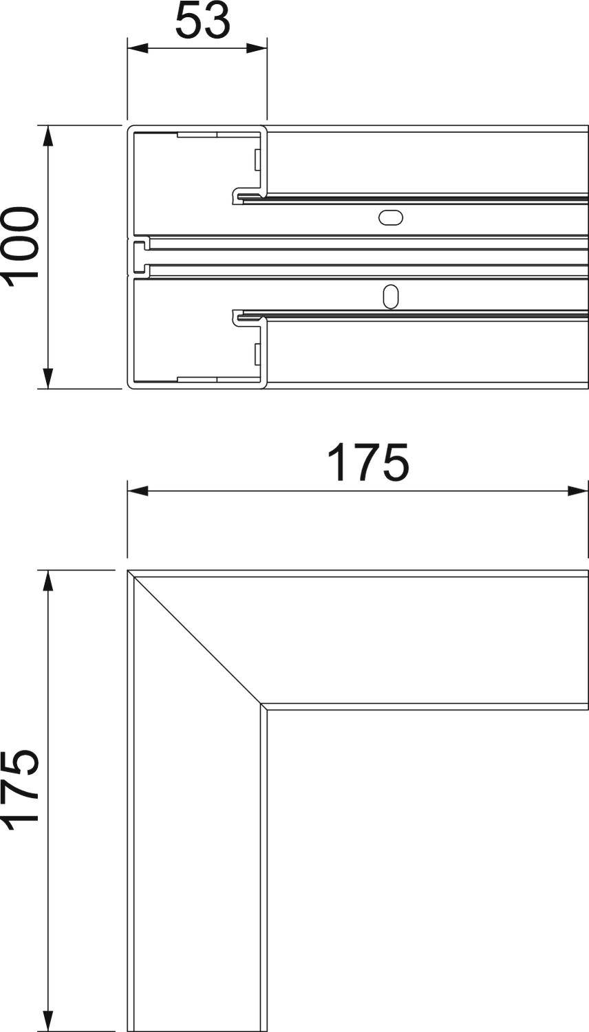 Technische Zeichnung eines Aluminiumprofils mit den Maßen: 53 mm Breite, 100 mm Höhe und 175 mm Gesamtbreite mit Eckdetail.