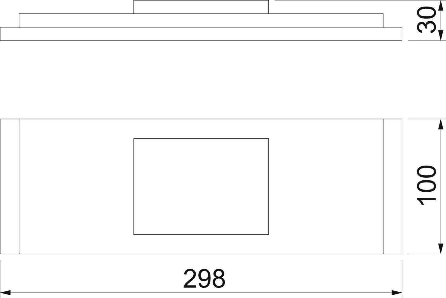 Technische Zeichnung eines rechteckigen Objekts mit Maßen: 298 Breite und 100 Höhe. Oben ist eine 30 hohe Komponente.