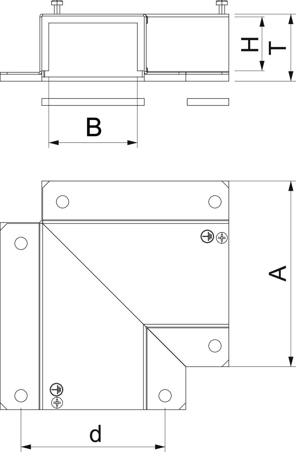 Technische Zeichnung einer Maschinenkomponente mit den Maßen A, B, H und d, die verschiedene Ansichten und Schraubenpositionen zeigt.