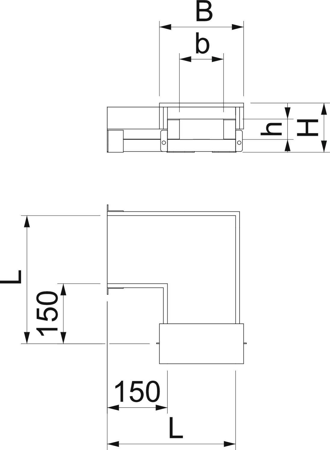 Technische Zeichnung eines L-förmigen Rohrs mit Bemaßungen. Länge 'L', Breite 'B', innere Breite 'b', und zwei Abschnitte von 150 mm.
