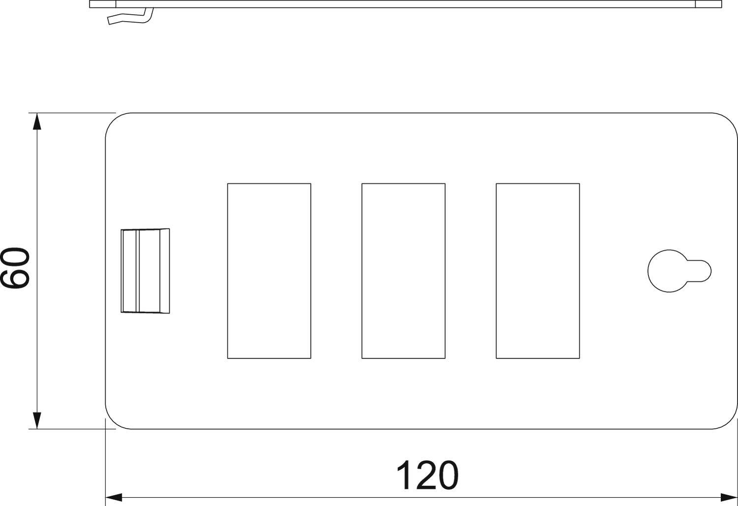 Technische Zeichnung eines rechteckigen Kunststoffteils mit drei mittigen rechteckigen Öffnungen und zwei Bohrungen. Maße: 60 x 120 mm.