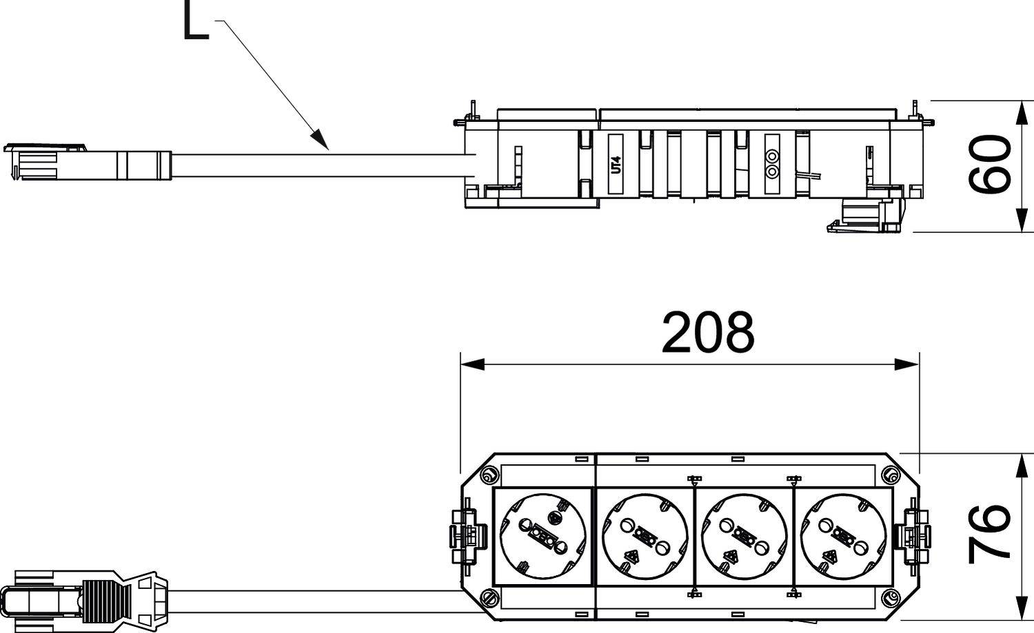 Abbildung zeigt eine technische Zeichnung eines elektrischen Verteilers. Oberseite und Draufsicht sind dargestellt, mit Maßen: 60x76x208 mm.