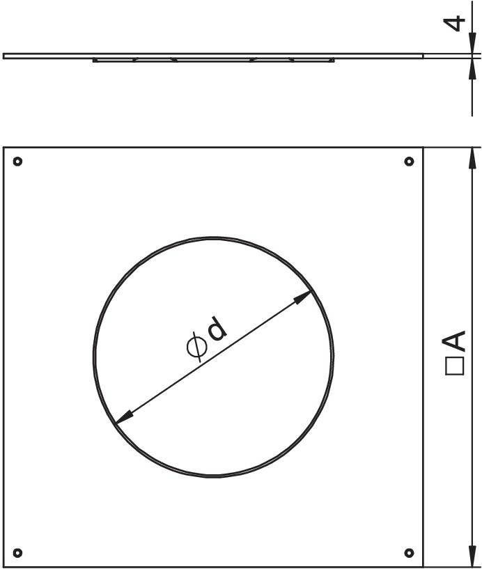 Technische Zeichnung eines quadratischen Plattenstücks mit einem zentralen kreisförmigen Loch. Maße sind mit 'd' und 'A' gekennzeichnet.