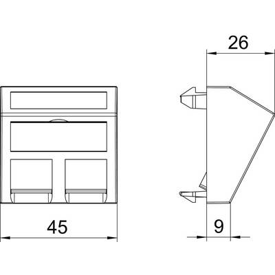 Technische Zeichnung eines rechteckigen Steckverbinders mit den Maßen: Breite 45 mm, Tiefe 26 mm, Höhe 9 mm.