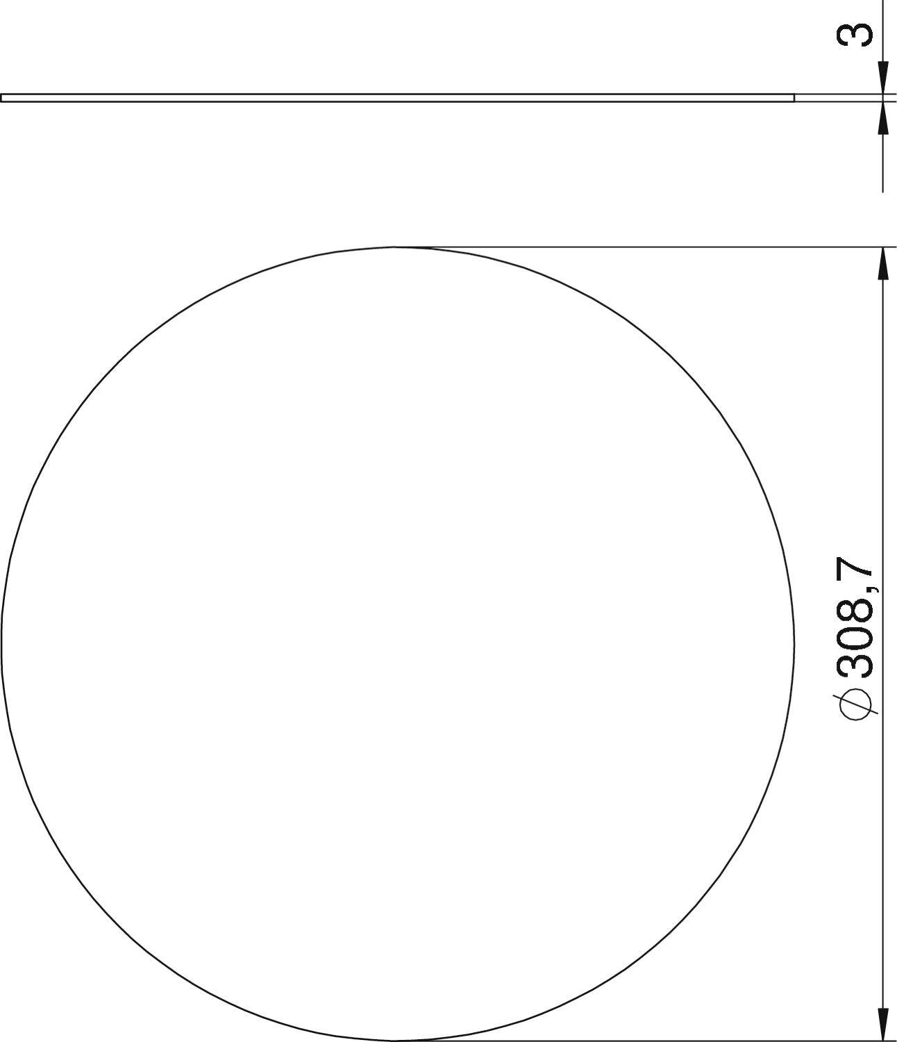 Zeichnung eines Kreises mit einem Durchmesser von 308,7 Einheiten und einer horizontalen Linie darüber. Die Linie hat eine Dicke von 3 Einheiten.