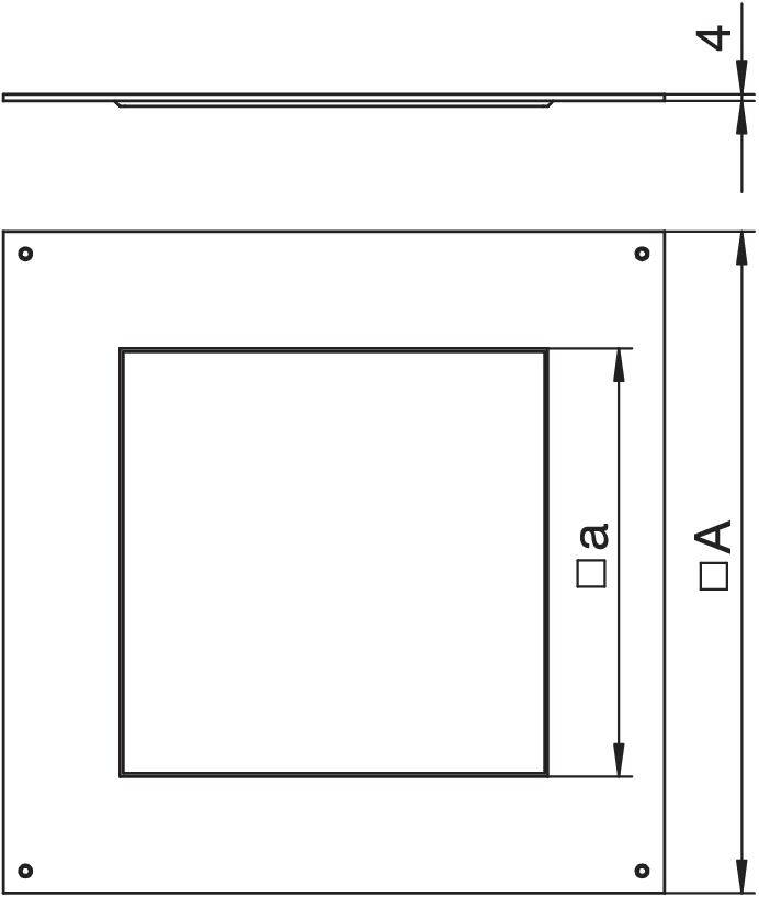 Technische Zeichnung eines quadratischen Objekts mit zwei Maßangaben an den Seiten, 'A' und 'a', und einer Höhenangabe '4' oben.