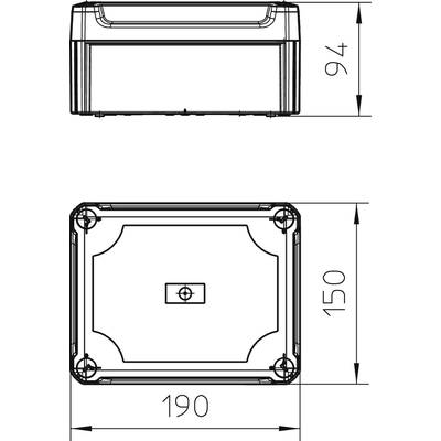 Abmessungszeichnung eines rechteckigen Gehäuses. Oben: Höhe 94 mm. Unten: Breite 190 mm, Höhe 150 mm. Schraublöcher in den Ecken.
