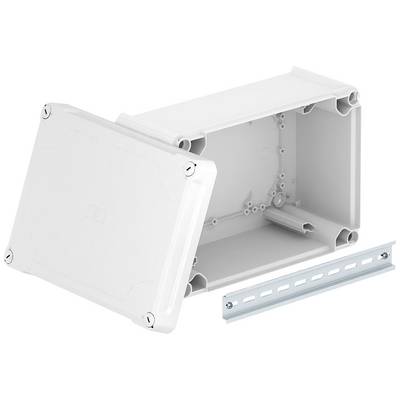 Weiße rechteckige Kunststoffbox, geöffnet, mit abnehmbarem Deckel. Eine Metallleiste mit Löchern daneben, vermutlich zur Befestigung.