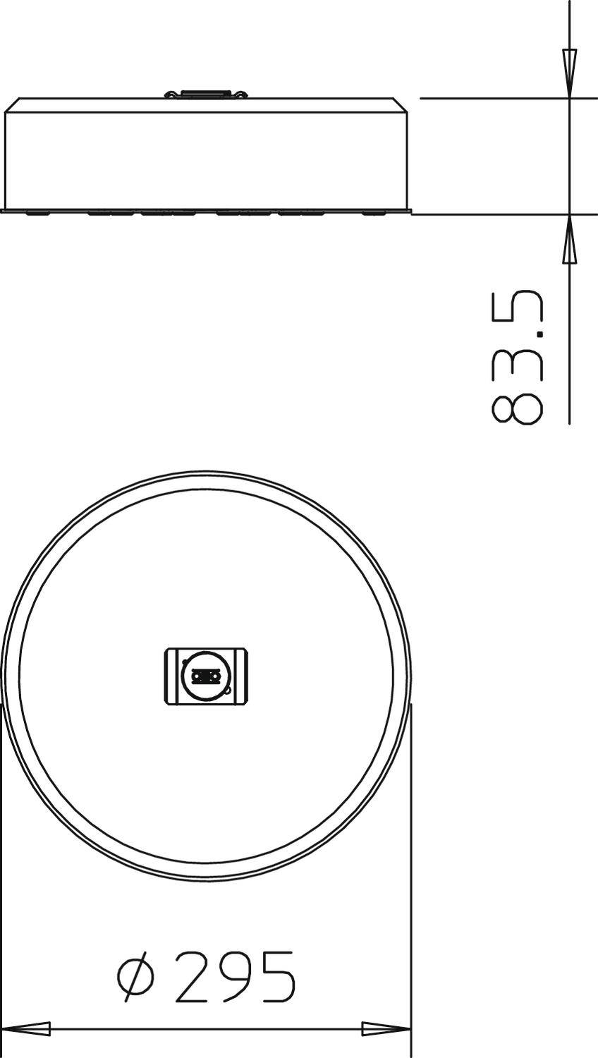 Technische Zeichnung eines runden Objekts mit einem Durchmesser von 295 mm. Die Seitenansicht zeigt eine Höhe von 83,5 mm.
