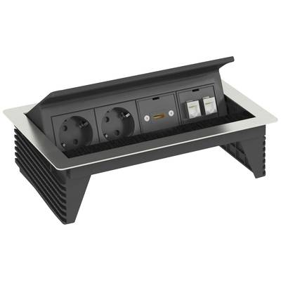 Schwarze Tischsteckdose mit zwei Steckplätzen und zwei Netzwerkanschlüssen, eingebaut in eine rechteckige Metallverkleidung.
