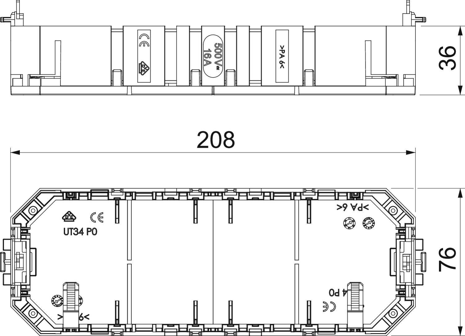 Technische Zeichnung eines rechteckigen, weiß umrandeten Gehäuses mit Maßen: Breite 208 mm, Höhe 36 mm, Tiefe 76 mm.