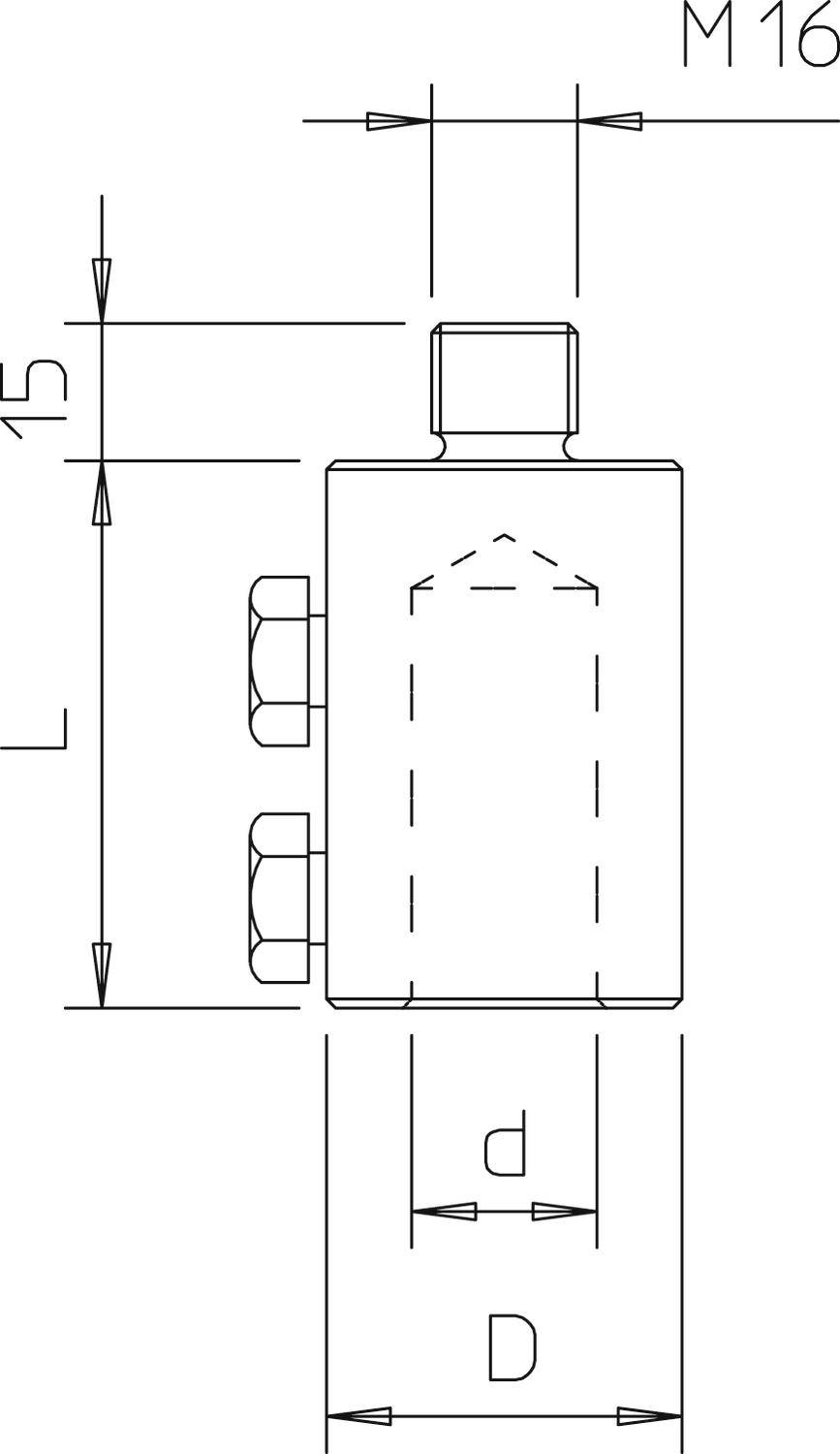 Technische Zeichnung eines zylindrischen Bauteils mit Maßen: L, d, D. M16-Gewinde markiert. Zwei seitliche Anschlüsse sichtbar.