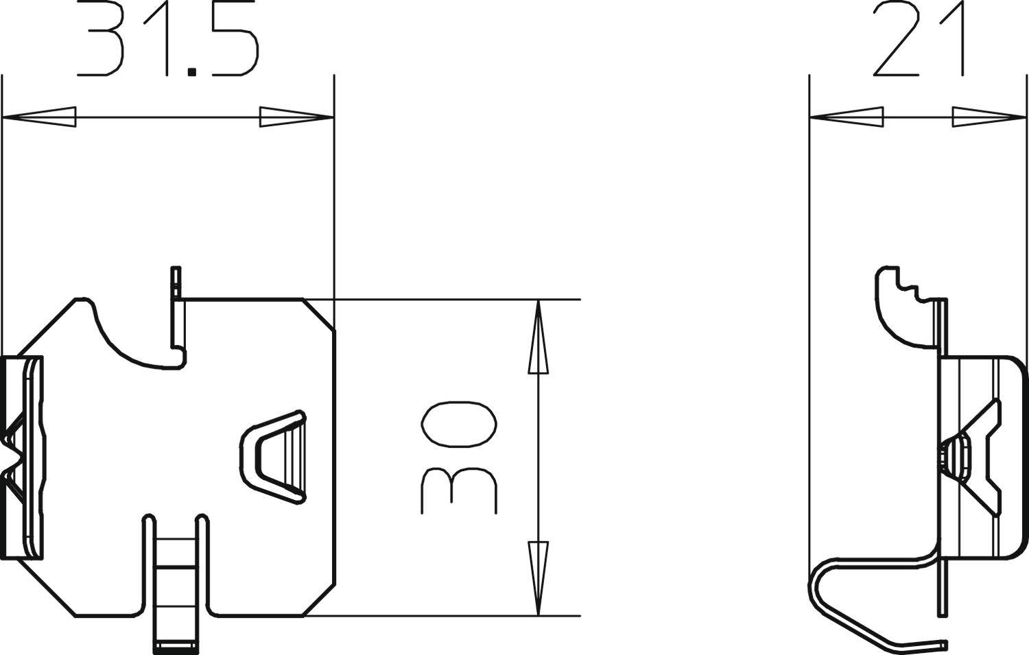 Technische Zeichnung eines mechanischen Bauteils mit frontaler und seitlicher Ansicht. Abmessungen von 31,5 mm Breite und 21 mm Tiefe.