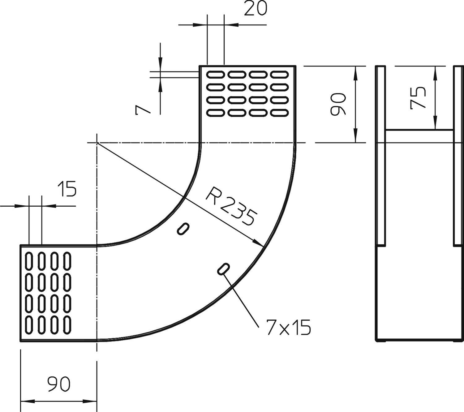Technische Zeichnung eines U-förmigen Rohrs mit Maßen: Innenbreite 75 mm, Außendurchmesser 90 mm, Radius 235 mm.