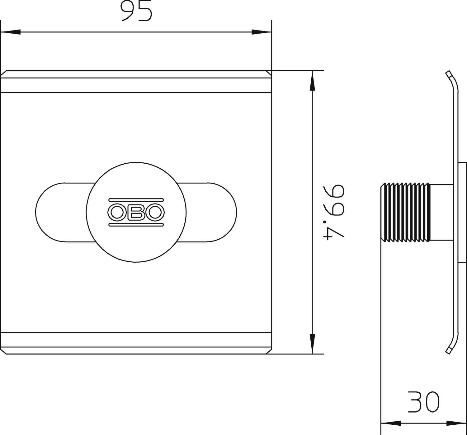 Technische Zeichnung eines quadratischen Bauteils mit 'OBO'-Logo in der Mitte, Maßen: 95 x 66 mm, Seitenansicht zeigt 30 mm Tiefe.