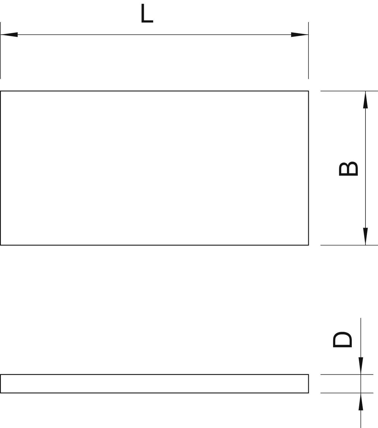 Rechteckiges Objekt mit Längenbeschriftung 'L', Breite 'B' und Dicke 'D'. Draufsicht und Seitenansicht werden gezeigt.