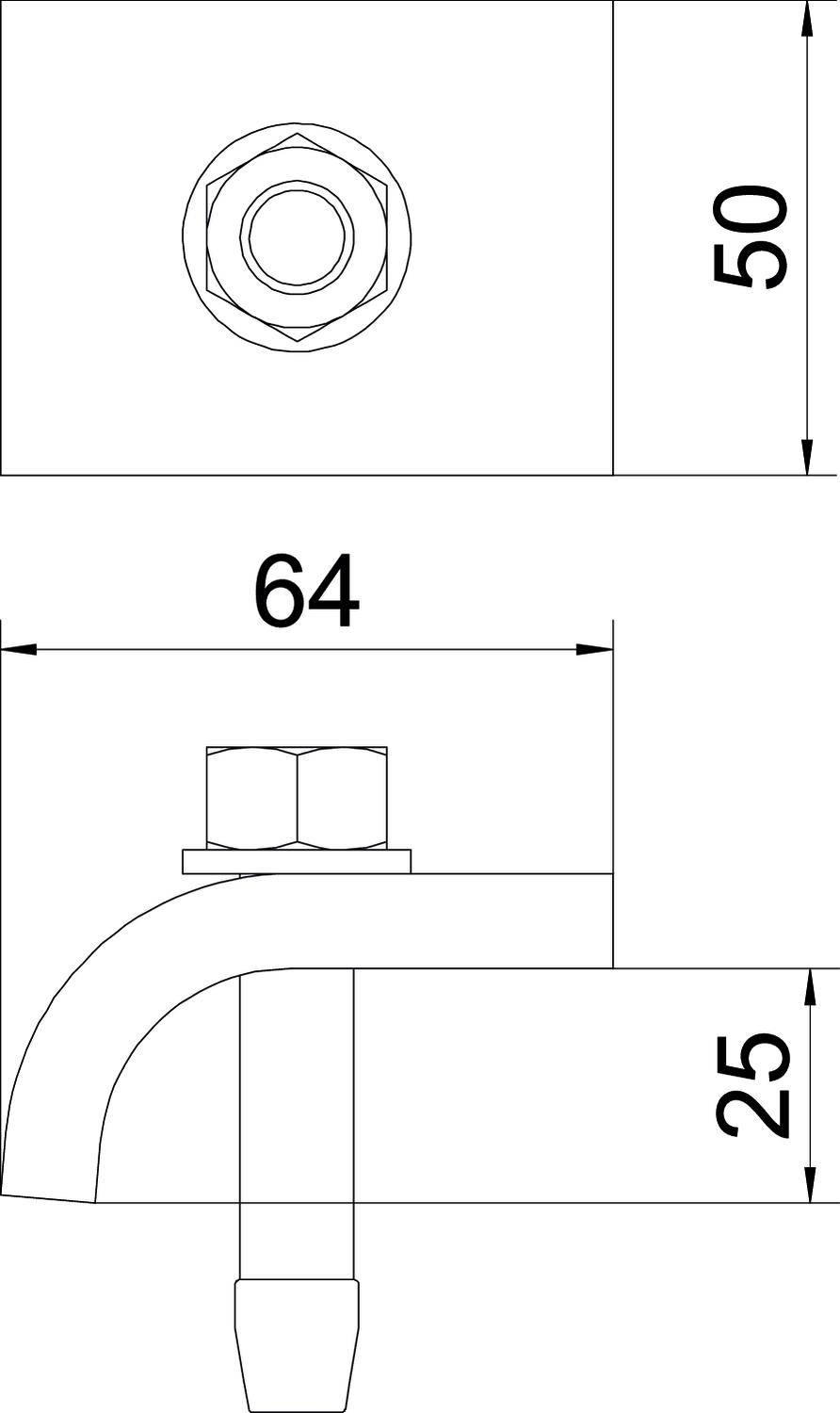 Technische Zeichnung eines Wasserhahns mit Maßen: Länge 64 mm, Höhe 50 mm oben, 25 mm unten. Seitenansicht zeigt Form und Anschlüsse.