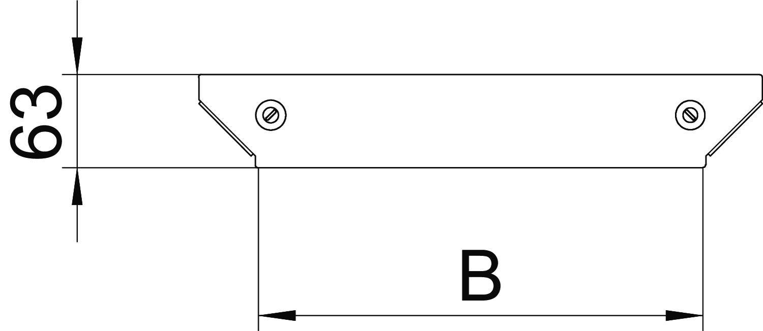'Technische Zeichnung eines Bauteils mit Höhe 63 mm und Breite B, Schraubenlöcher an den oberen Ecken, seitliche Ansicht.'
