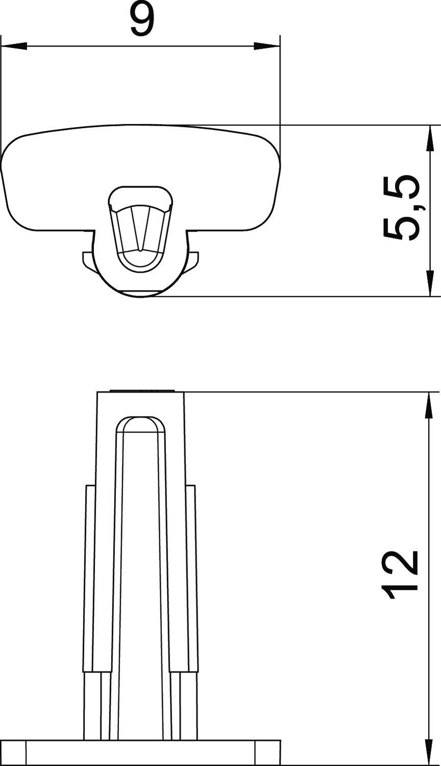 Technische Zeichnung eines Bauteils mit zwei Ansichten: Oben zeigt Maße 9 und 5,5 Einheiten, seitlich Höhe 12 Einheiten.
