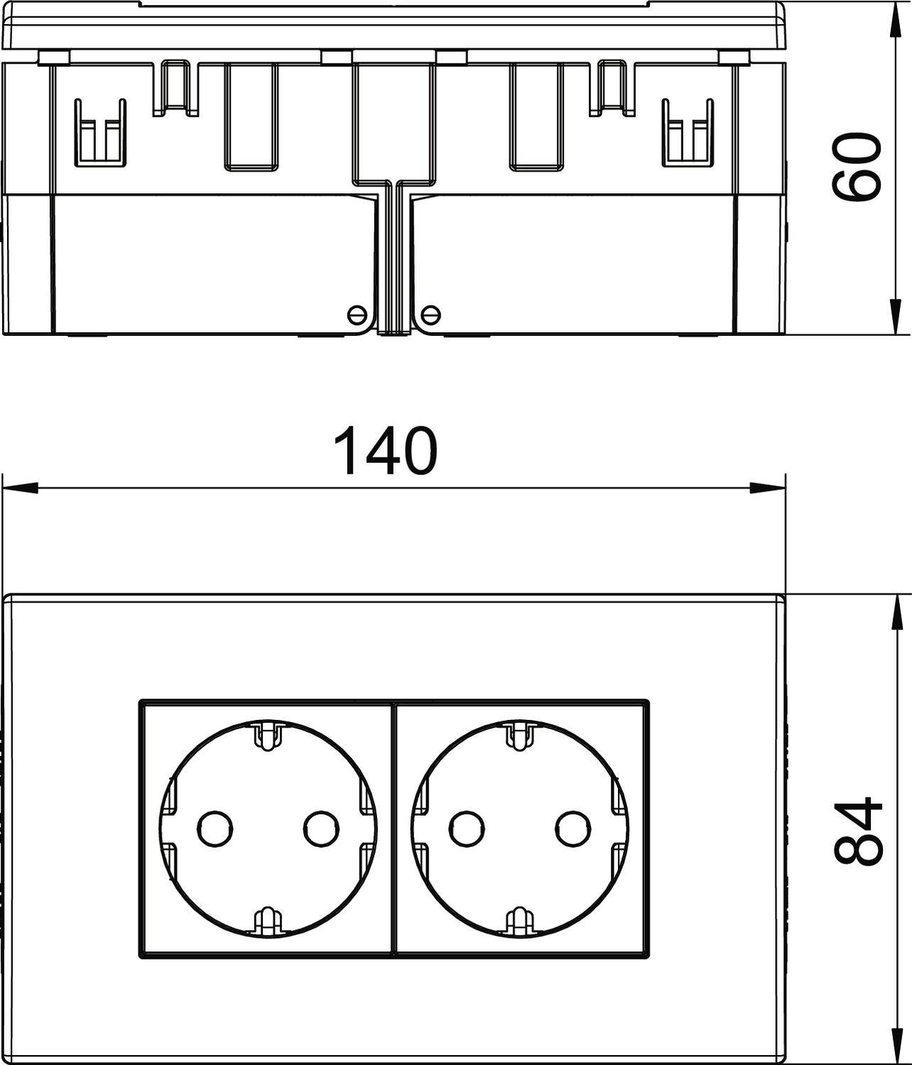 Technische Zeichnung einer doppelten Steckdose mit Abmessungen: Breite 140 mm, Höhe 84 mm, Tiefe 60 mm.