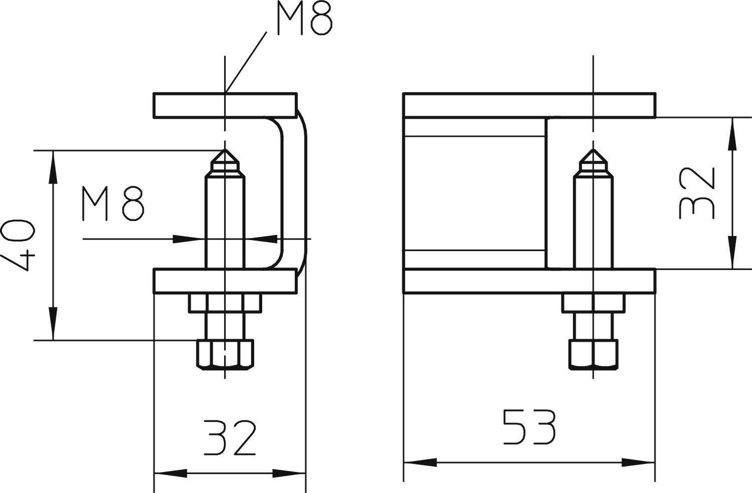 Technische Zeichnung einer Metallklammer mit Schraube. Maße: 40 mm Höhe, 32 mm Breite, 53 mm Länge und Schraube M8.