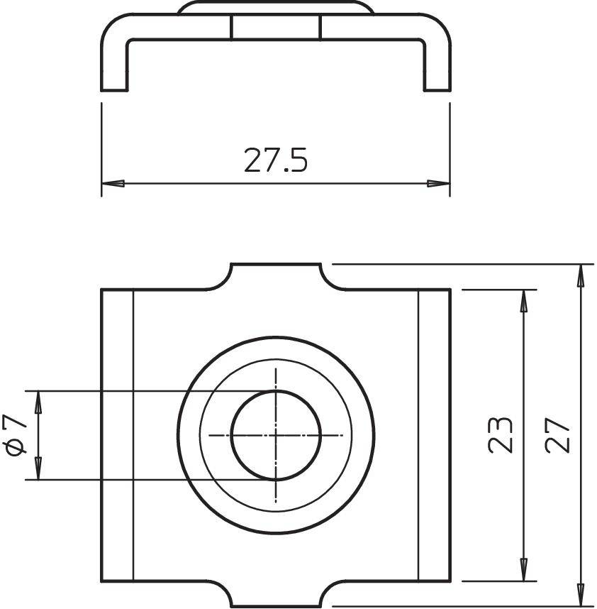 Technische Zeichnung eines Bauteils mit Maßen: Breite 27,5, Höhe 27, Tiefe 23, Bohrungsdurchmesser 7. Draufsicht und Seitenansicht.