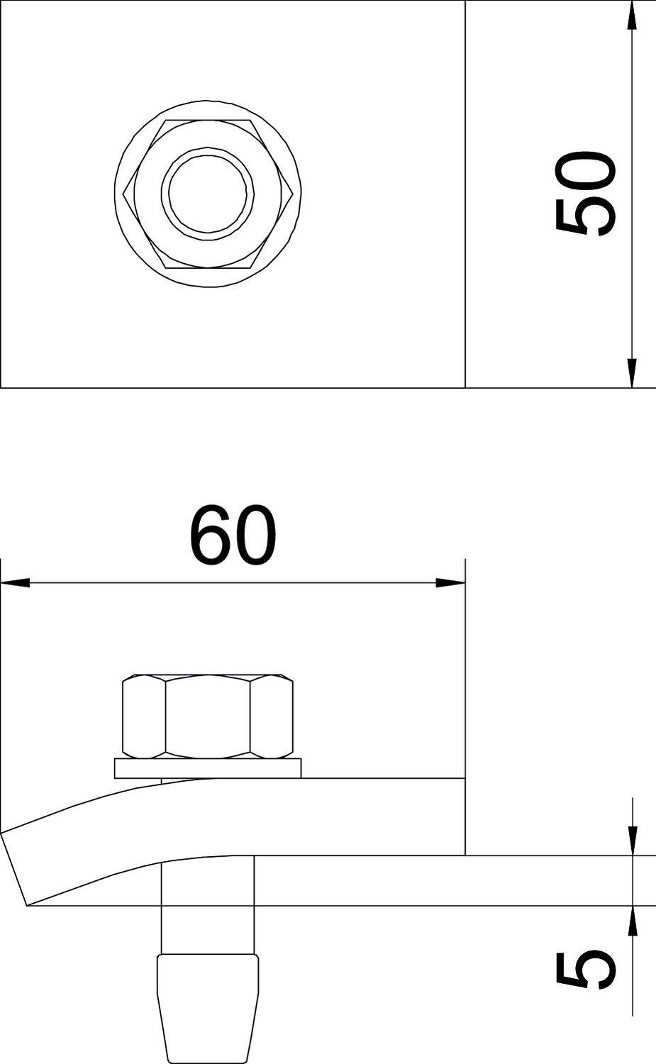 Technische Zeichnung: Seiten- und Vorderansicht eines Verbindungselements mit Maßen. Breite 60 mm, Höhe 50 mm, Dicke 5 mm, enthält einen Sechskantkopf.