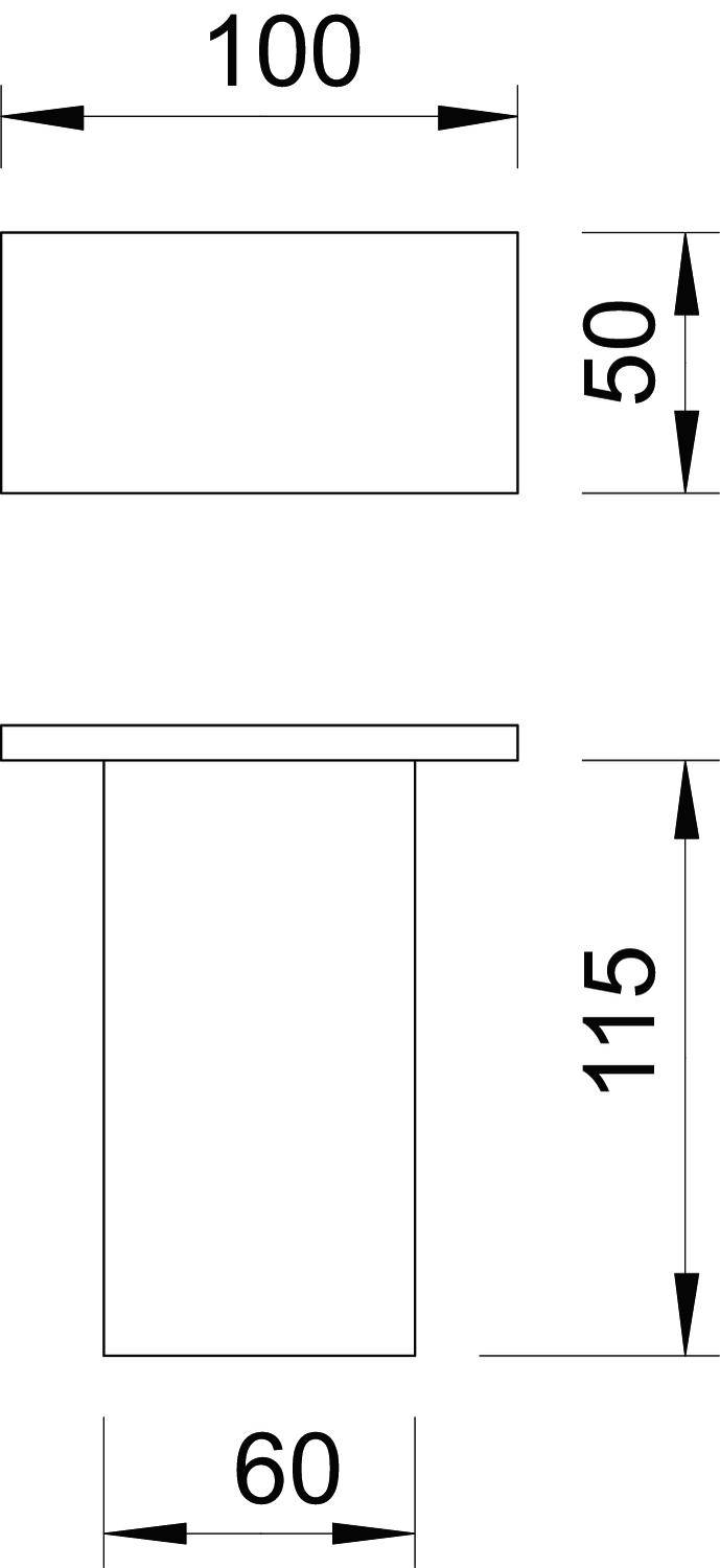 Zwei technische Zeichnungen: oben zeigt ein Rechteck mit Maßen 100 x 50, unten ein weiteres Rechteck mit Breite 60 und Höhe 115.