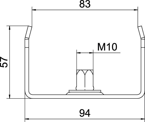 Technische Zeichnung einer Halterung mit Maßen: Breite 94 mm, Höhe 57 mm, obere Breite 83 mm, Gewindedurchmesser M10.
