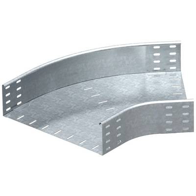 Ein verzinktes Kabelkanal-Bogenstück aus Metall mit mehreren rechteckigen Löchern entlang der Seiten zur Kabelbefestigung.