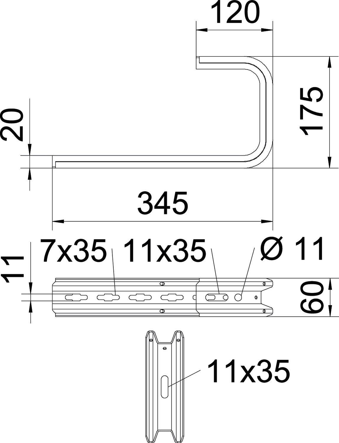 Technische Zeichnung eines Metallprofils mit Maßen: 120 x 175 x 345 mm. Lochgrößen: 7x35 mm, 11x35 mm, Ø 11 mm. Ansicht von oben und der Seite.
