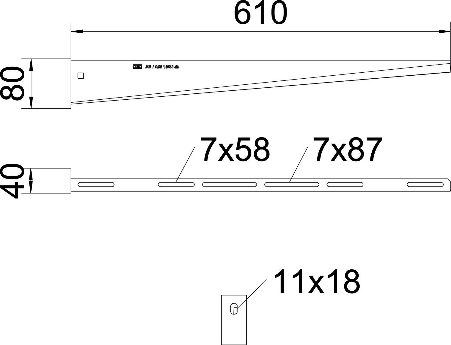 Technische Zeichnung eines Metallträgers mit Maßen: Länge 610 mm, Höhe 80 mm, Breite 40 mm. Befestigungslöcher: 7x58 mm, 7x87 mm, 11x18 mm.