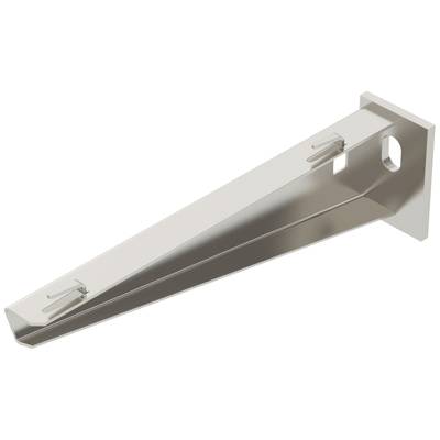 Ein metallischer Regalträger mit zwei Haken an der Oberseite und einem rechteckigen Anschluss für die Wandmontage.