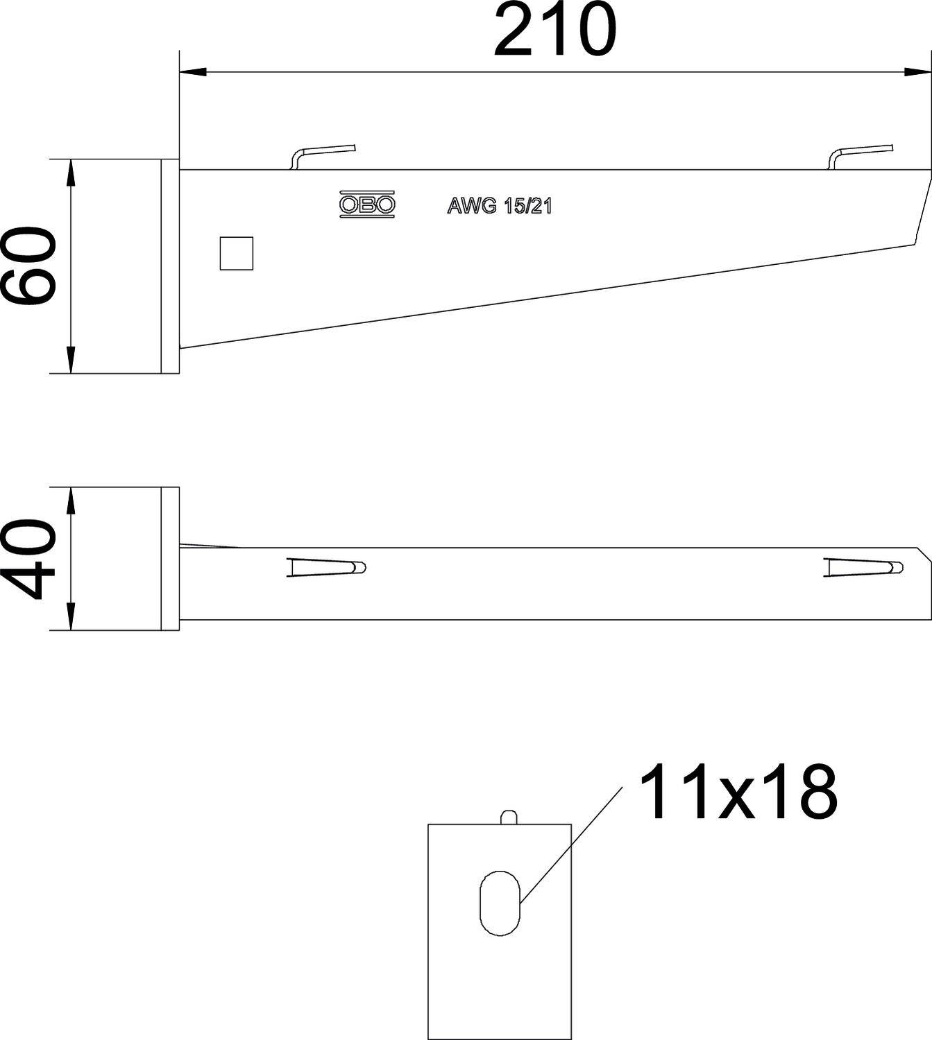 Technische Zeichnung eines rechteckigen Bauteils mit Maßen: Länge 210, Höhe 60 u. 40. Bezeichnung 'AWG 15/21'. Lochung 11x18.