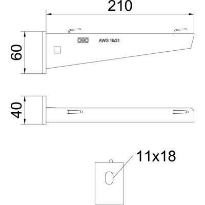 Technische Zeichnung eines rechteckigen Bauteils mit Maßen: Länge 210, Höhe 60 u. 40. Bezeichnung 'AWG 15/21'. Lochung 11x18.