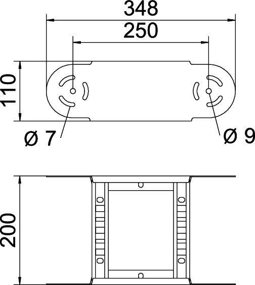 Technische Zeichnung eines Metallflansches mit Maßen: Länge 348, Nut fürs Zentrum 250, Breite 110, Höhenansicht 200. Lochdurchmesser Ø7 und Ø9.