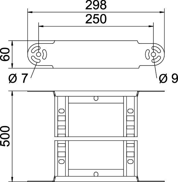 Technische Zeichnung einer Halterung, zeigt Abmessungen: Breite 298 mm, Innenmaß 250 mm, Höhe 500 mm, Bohrungen Ø 7 mm und Ø 9 mm.