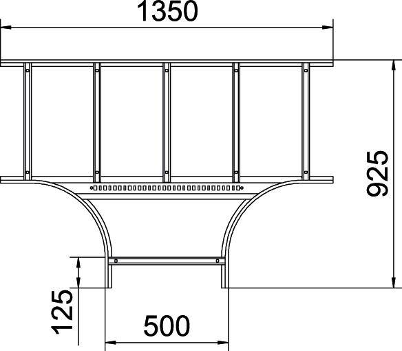 Technische Zeichnung einer Brücke mit den Maßen 1350 Breite, 925 Höhe, 500 Breite der unteren Struktur und 125 Tiefe.
