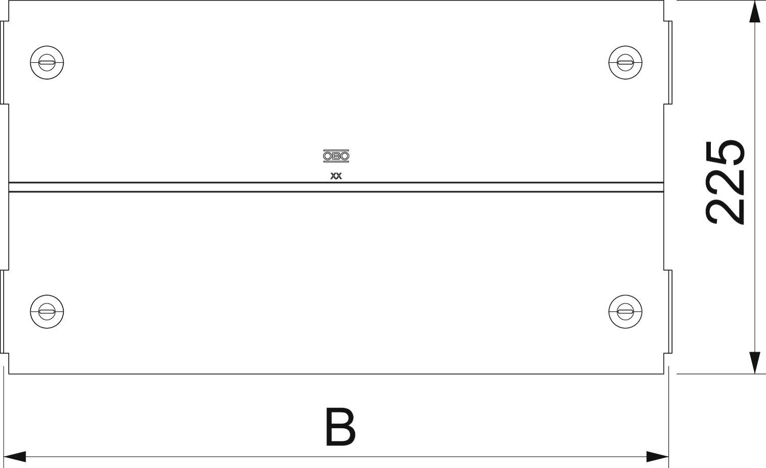 Technische Zeichnung einer rechteckigen Komponente mit zwei Befestigungspunkten an beiden Seiten; Höhe angegeben als 225 mm.
