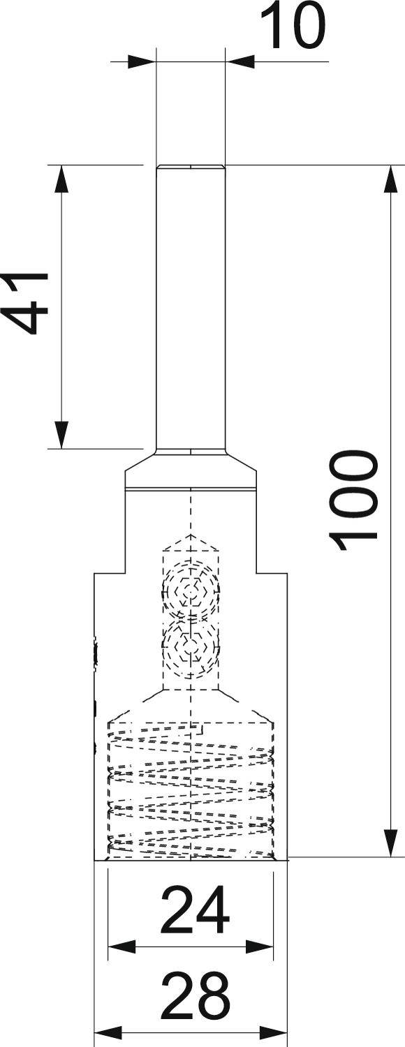 Technische Zeichnung eines Bauteils mit Maßangaben: Gesamtlänge 100 mm, obere Breite 10 mm, untere Breite 28 mm, mittlere Breite 24 mm.