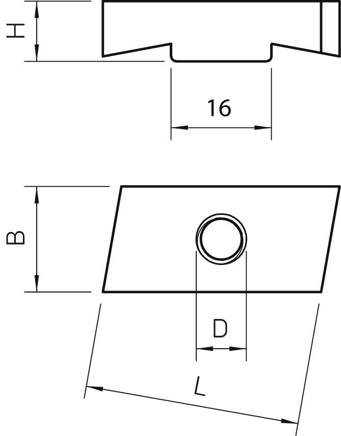 Technische Zeichnung eines Bauteils mit zwei Ansichten: obere Ansicht zeigt Breite (16); untere zeigt Kreisdurchmesser (D) und Länge (L).