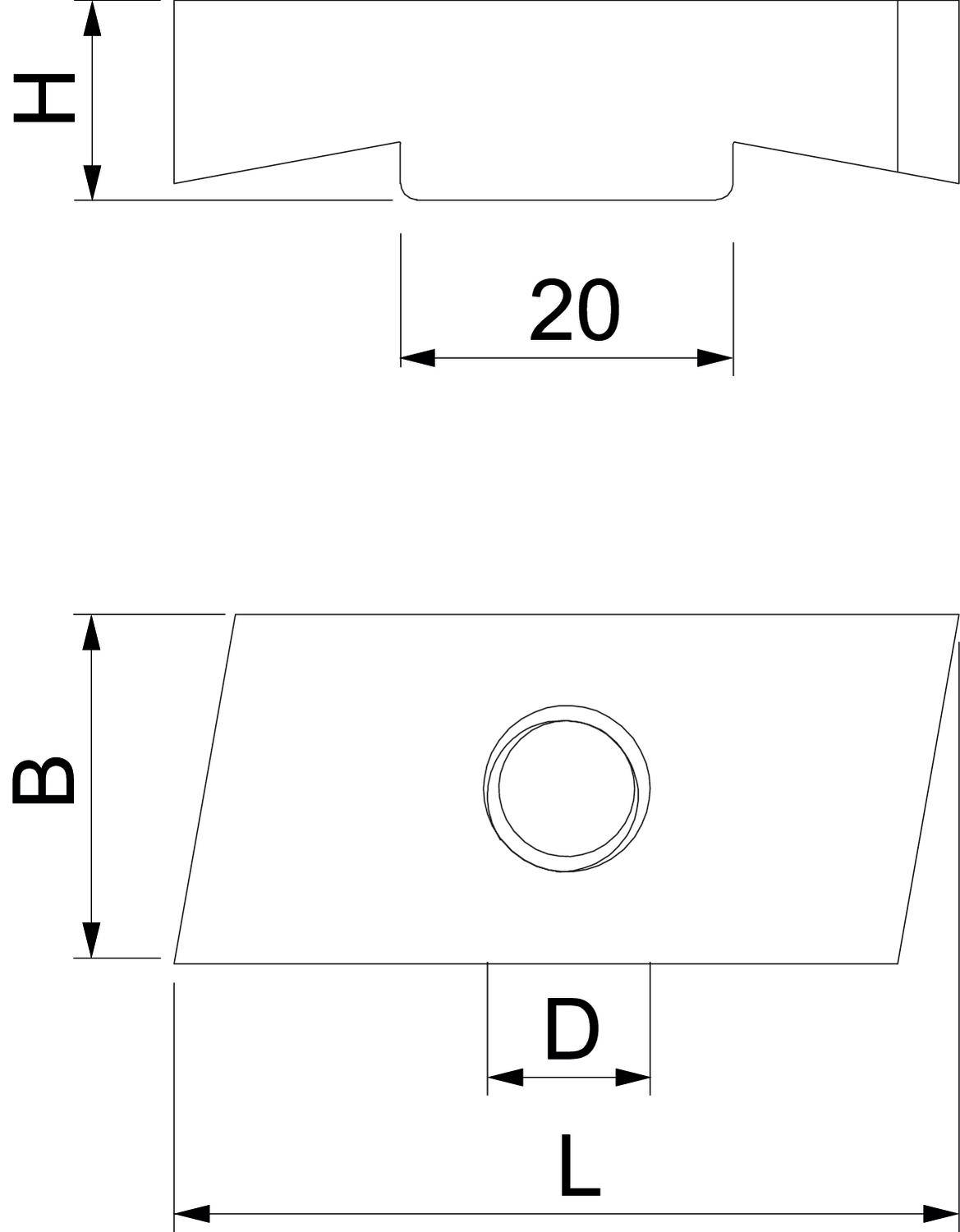 'Technische Zeichnung eines Werkstücks mit Maßen: Breite (B), Höhe (H), Länge (L), Durchmesser (D) eines Kreises; Länge 20 mm.'