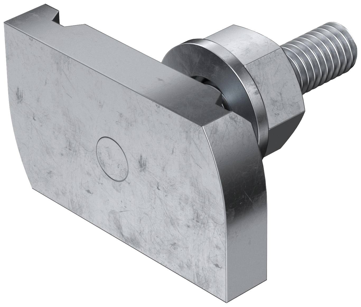 Metallschraube mit breitem, rechteckigem Kopf, silbern glänzend. Hauptsächlich zur Befestigung oder Positionierung von Teilen verwendet.