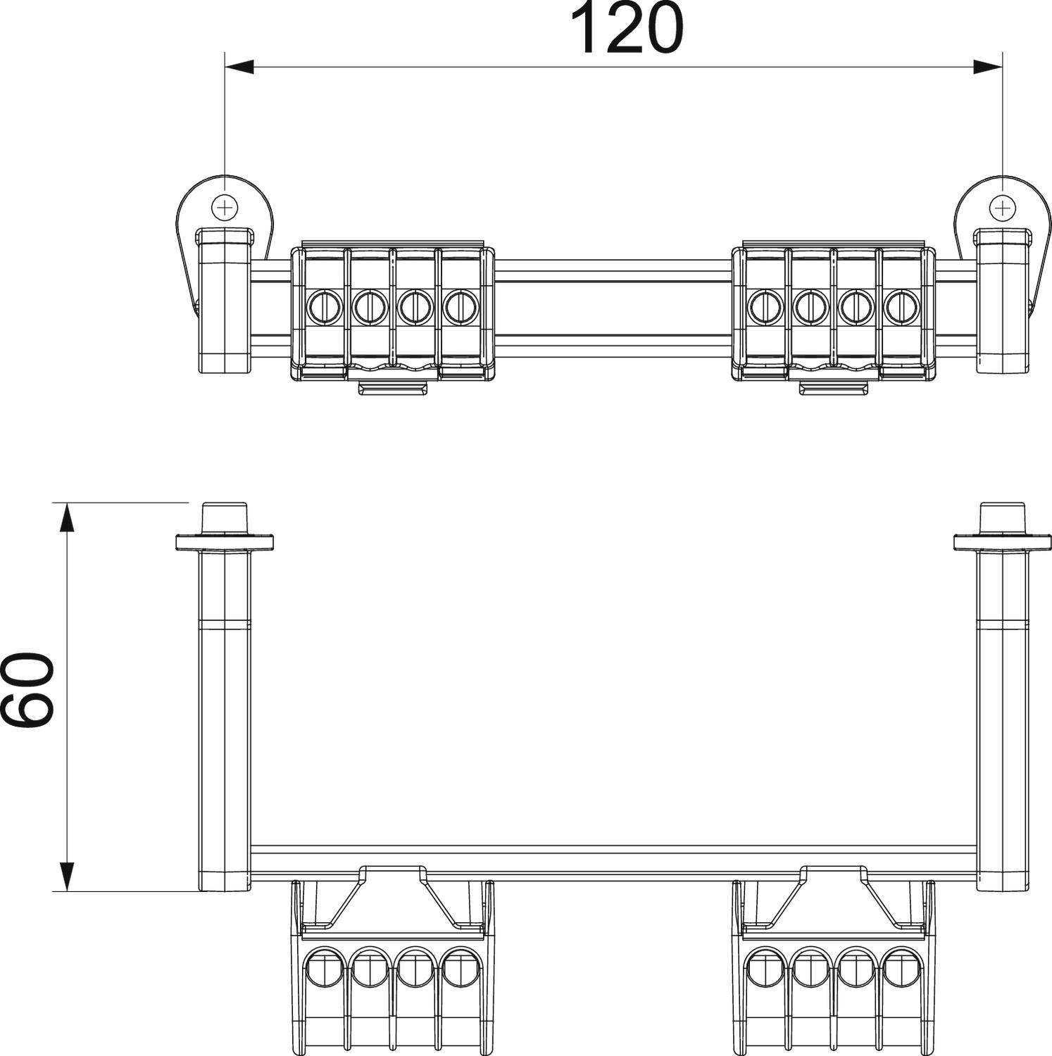 Technische Zeichnung eines Bauteils mit Maßen: Breite 120 und Höhe 60. Zeigt Front- und Seitenansicht mit genauen Dimensionen.