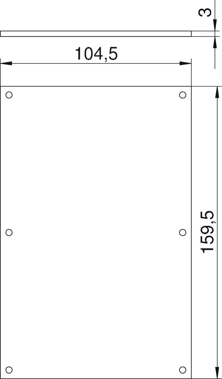 Technische Zeichnung eines rechteckigen Bauteils mit den Maßen 104,5 x 159,5 mm und einer Dicke von 3 mm, mit Befestigungslöchern.