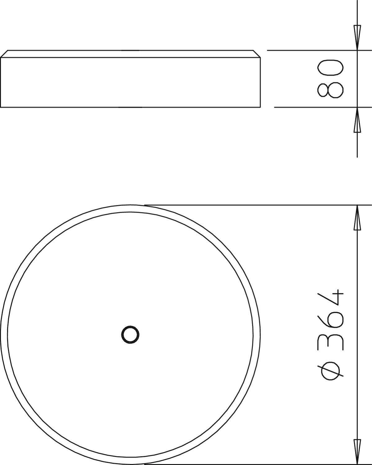 Technische Zeichnung eines runden Objekts mit einem Durchmesser von 364 und einer Höhe von 80. Draufsicht und Seitenansicht vorhanden.