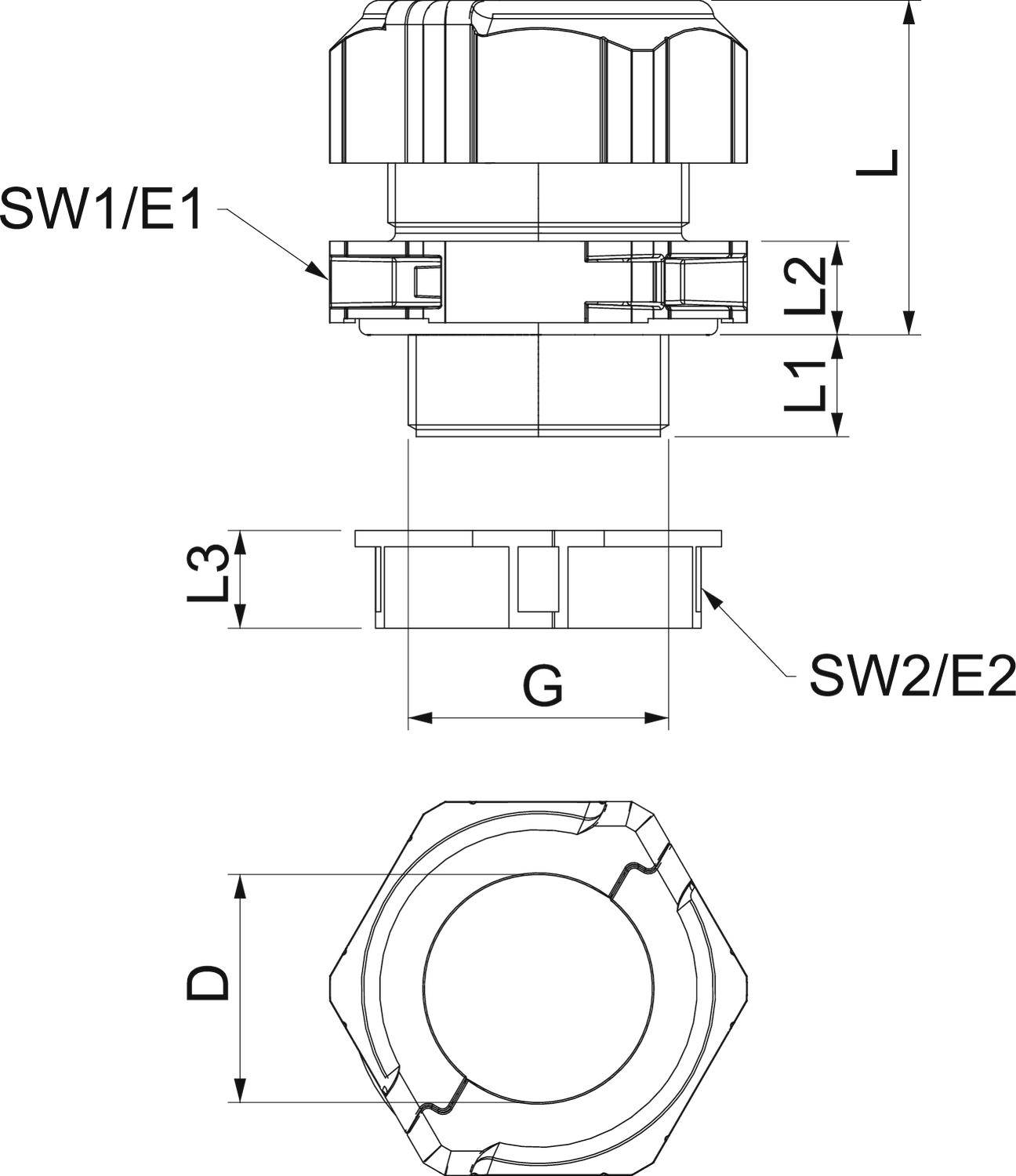 Technische Zeichnung eines Kabelverschraubungsteils mit Maßangaben: SW1/E1, SW2/E2, L, L1, L2, L3, D, G. Draufsicht und Seitenansicht.