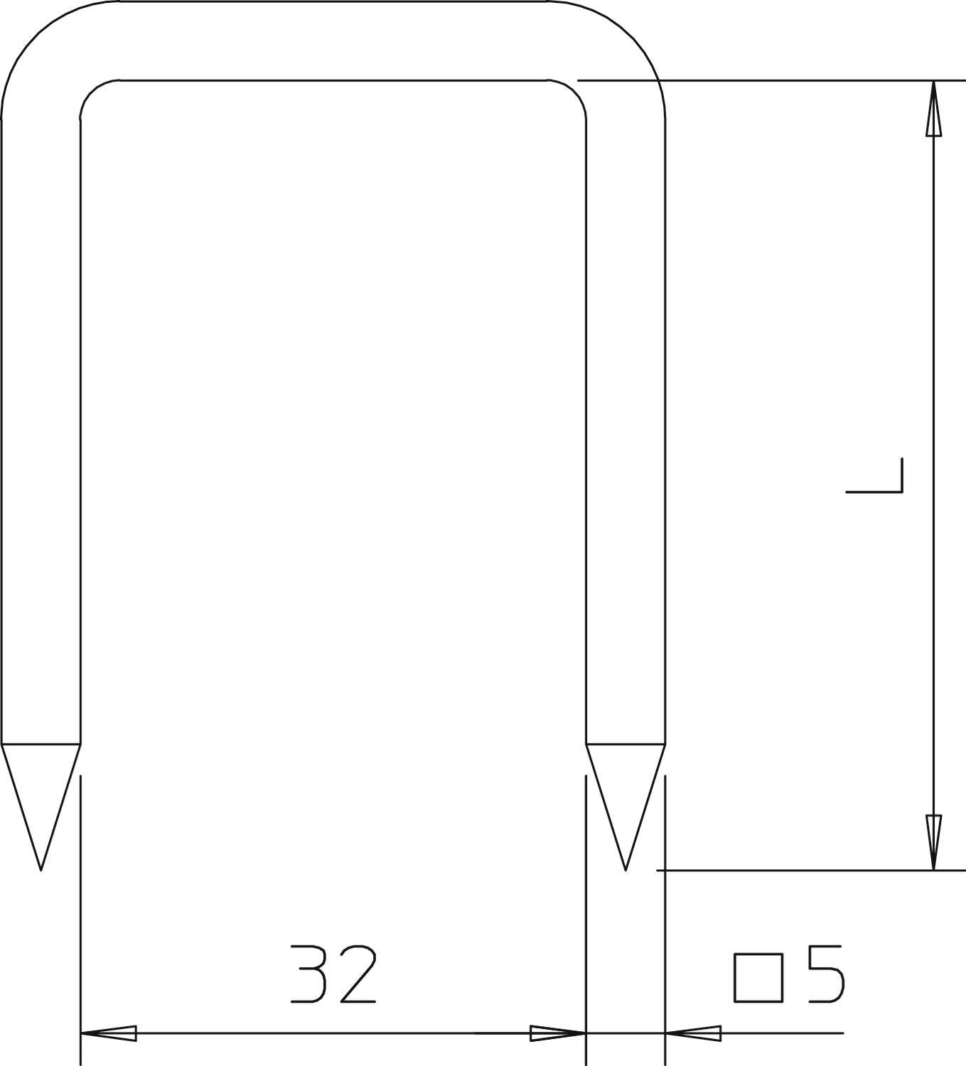 Technische Zeichnung eines gespannten Rahmens mit zwei Spitzen. Abmessungen: Breite 32 mm, Stabdurchmesser 5 mm.