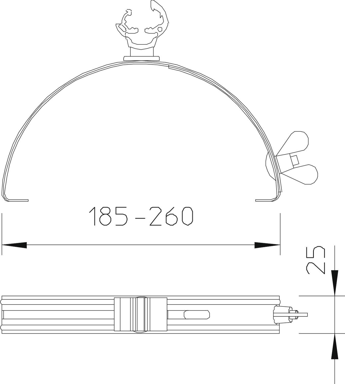 Technische Zeichnung eines Halterungsprofils, das in der Breite von 185 bis 260 mm verstellbar ist; Höhe ist 25 mm.