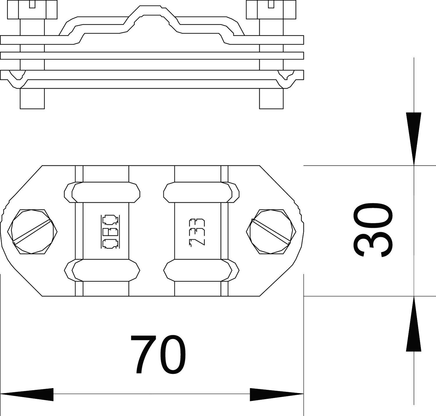 Technische Zeichnung einer elektrischen Sicherungshalterung, Ober- und Seitenansicht. Maße: 70 mm Breite, 30 mm Höhe.